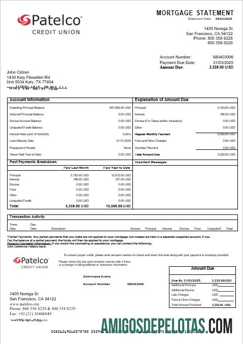 Extrato de hipoteca do Banco Patelco dos EUA, Califórnia, em formatos Word e PDF baixar para verificação